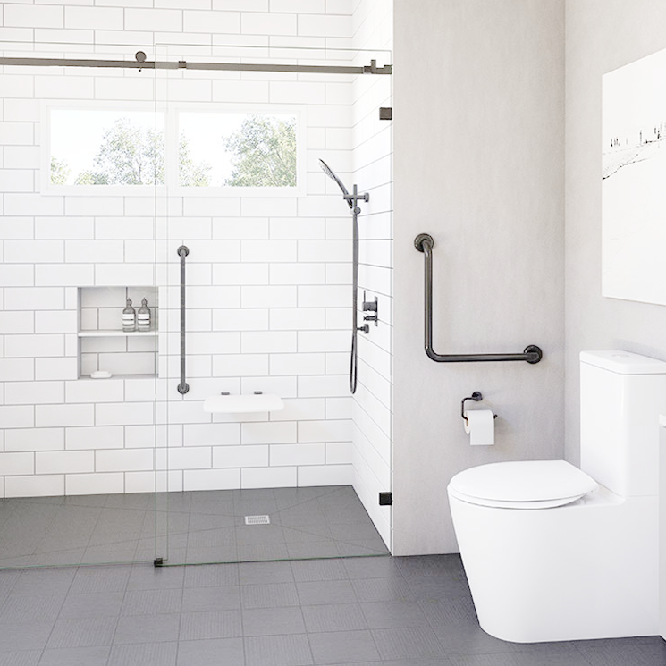 Accessible shower with grab rails, handheld shower, easy access toilet